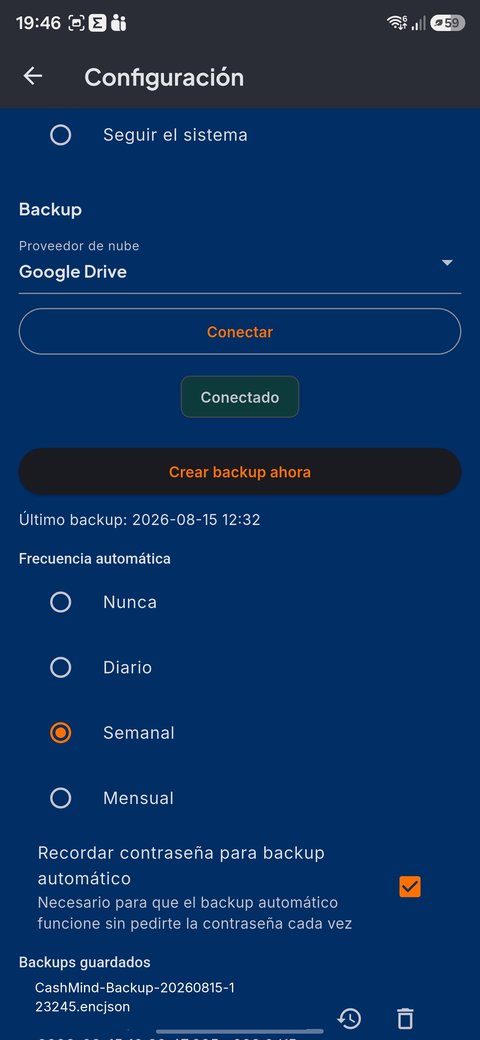 Pantalla de configuración con modo oscuro y claro